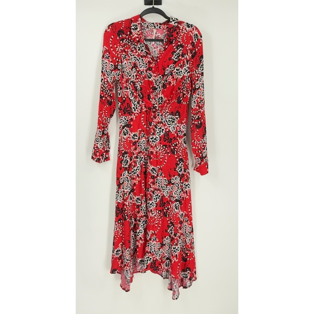 Free People Red Floral Button Front Twist Waist Midi Dress OB872268 Womens 6